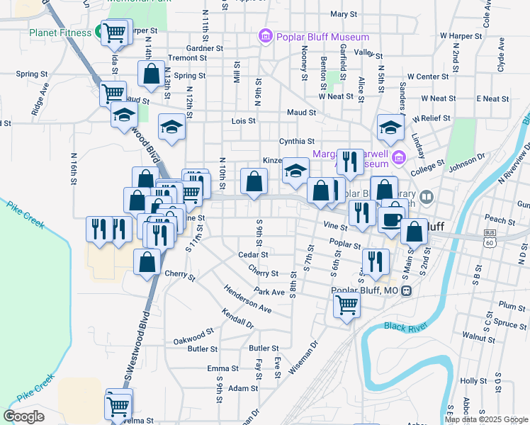 map of restaurants, bars, coffee shops, grocery stores, and more near 847 Vine Street in Poplar Bluff