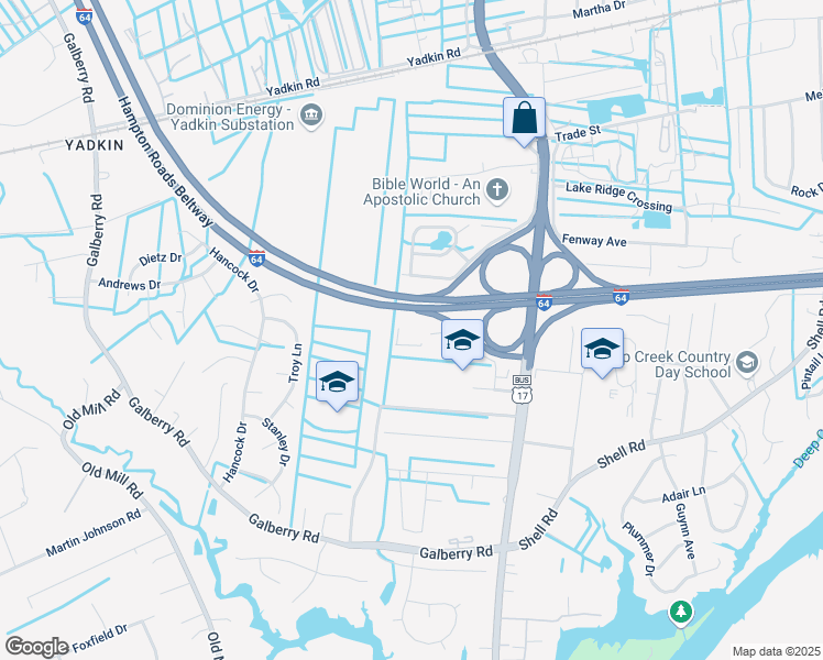 map of restaurants, bars, coffee shops, grocery stores, and more near 2856 Forehand Drive in Chesapeake