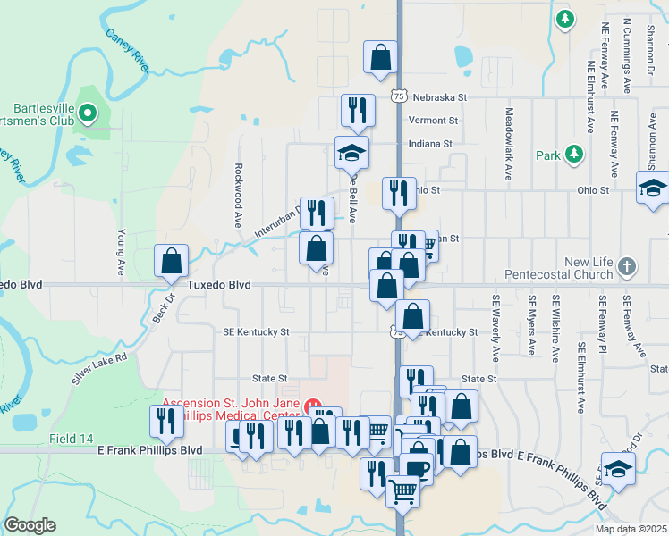 map of restaurants, bars, coffee shops, grocery stores, and more near 104 Northeast Katherine Avenue in Bartlesville