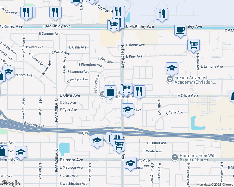 map of restaurants, bars, coffee shops, grocery stores, and more near 5181 East Olive Avenue in Fresno