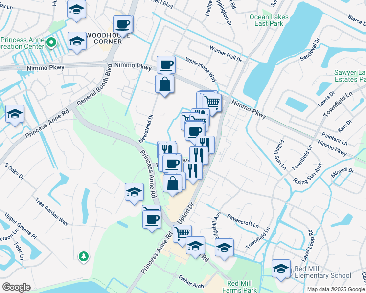 map of restaurants, bars, coffee shops, grocery stores, and more near 2336 Elson Green Ave in Virginia Beach