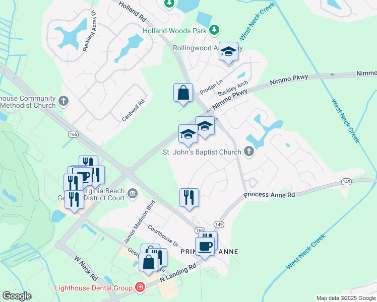 map of restaurants, bars, coffee shops, grocery stores, and more near 2328 Court Circle in Virginia Beach
