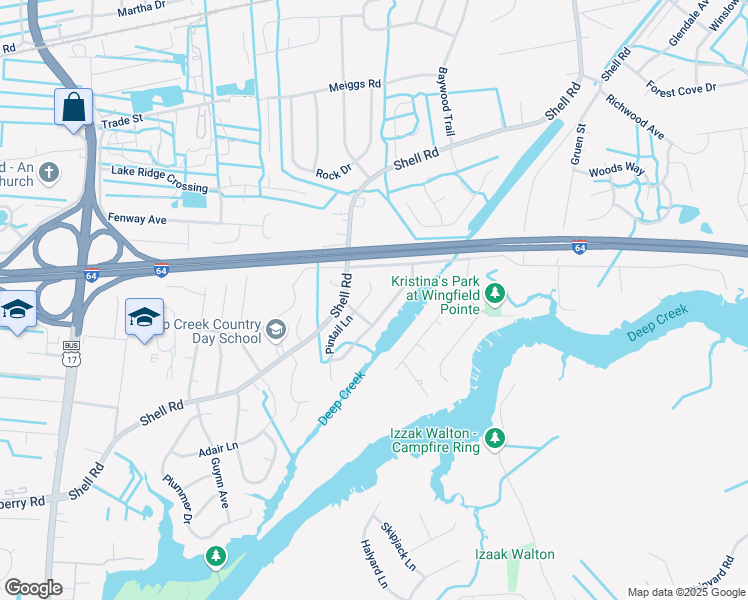 map of restaurants, bars, coffee shops, grocery stores, and more near 722 Wood Duck Lane in Chesapeake