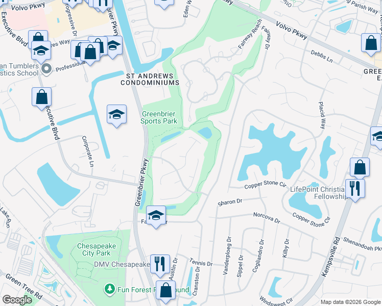 map of restaurants, bars, coffee shops, grocery stores, and more near 1036 Woodsmans Reach in Chesapeake
