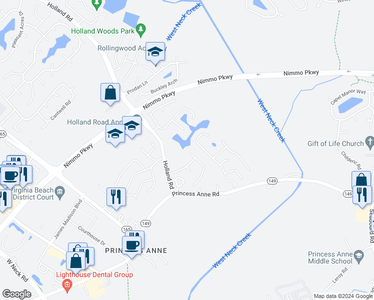 map of restaurants, bars, coffee shops, grocery stores, and more near 2300 Nettleford Way in Virginia Beach