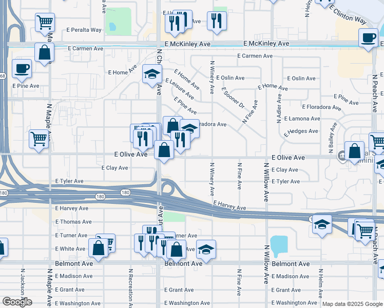 map of restaurants, bars, coffee shops, grocery stores, and more near 4873 East Olive Avenue in Fresno