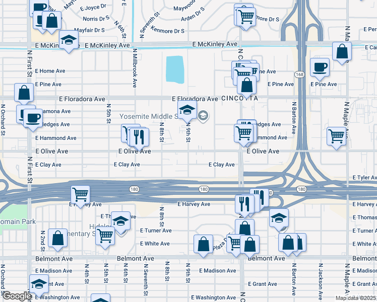 map of restaurants, bars, coffee shops, grocery stores, and more near East Olive Avenue & North 9th Street in Fresno