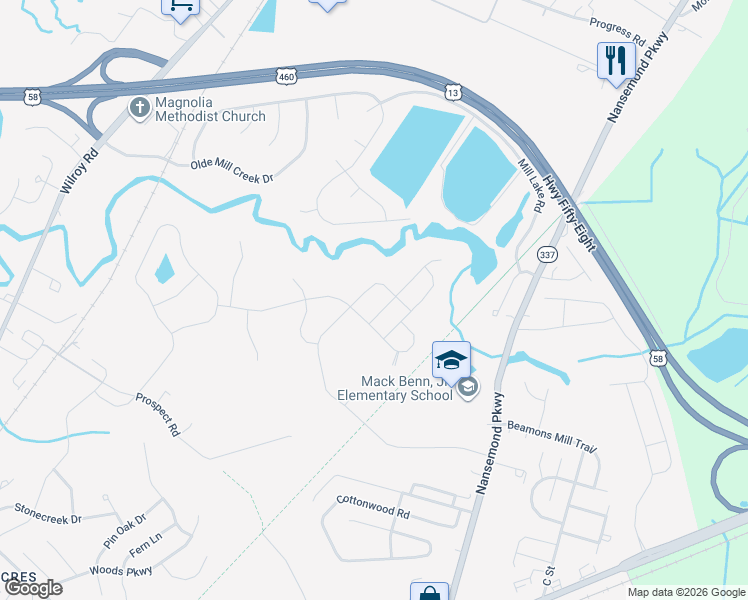 map of restaurants, bars, coffee shops, grocery stores, and more near 500 Patriots Walke Drive in Suffolk