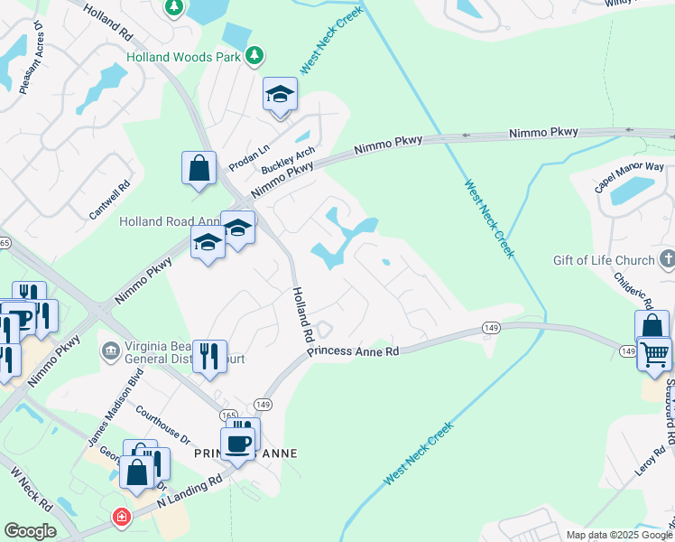 map of restaurants, bars, coffee shops, grocery stores, and more near 2300 Nettleford Way in Virginia Beach