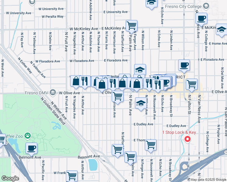 map of restaurants, bars, coffee shops, grocery stores, and more near 86 East Olive Avenue in Fresno