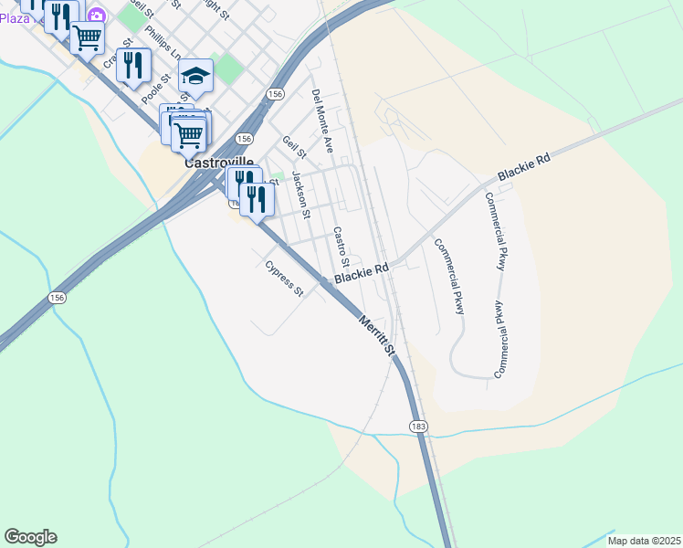 map of restaurants, bars, coffee shops, grocery stores, and more near 11099 Blackie Road in Castroville