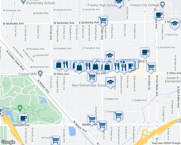 map of restaurants, bars, coffee shops, grocery stores, and more near 105 East Olive Avenue in Fresno