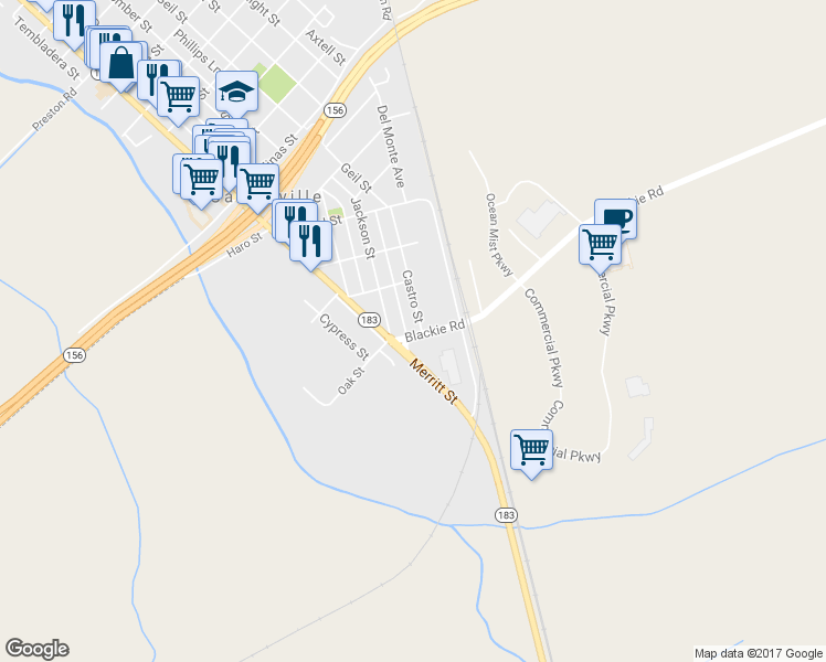 map of restaurants, bars, coffee shops, grocery stores, and more near 11099 Blackie Road in Castroville