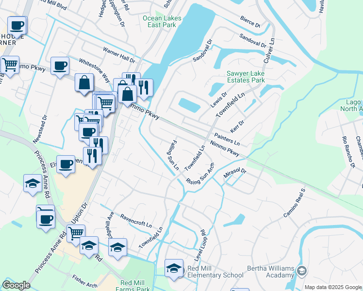 map of restaurants, bars, coffee shops, grocery stores, and more near 1920 Lanark Court in Virginia Beach
