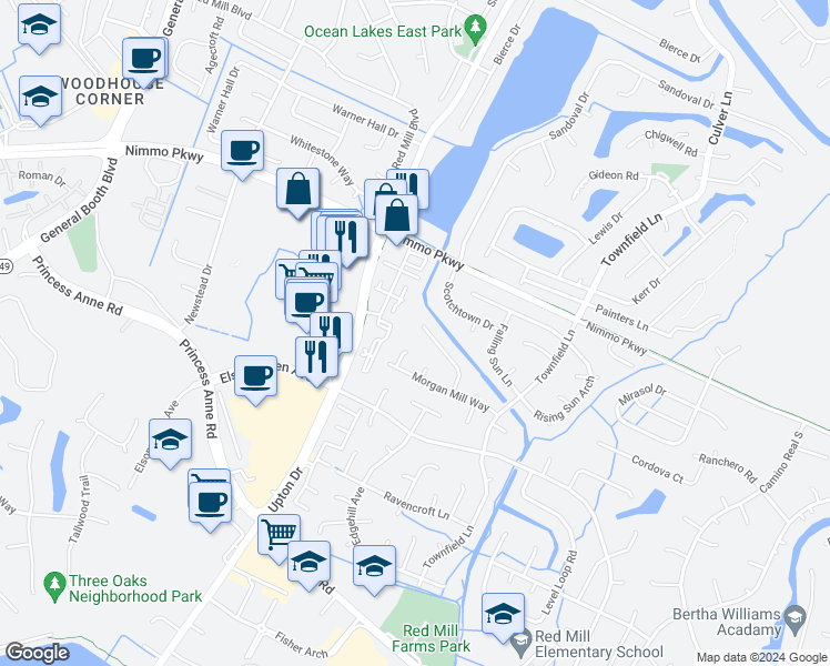 map of restaurants, bars, coffee shops, grocery stores, and more near 2509 Maymont Court in Virginia Beach