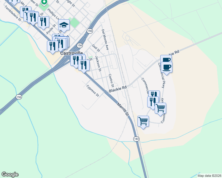 map of restaurants, bars, coffee shops, grocery stores, and more near 11099 Blackie Road in Castroville