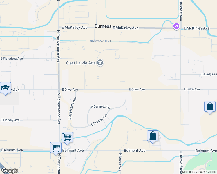 map of restaurants, bars, coffee shops, grocery stores, and more near 7417 East Olive Avenue in Fresno