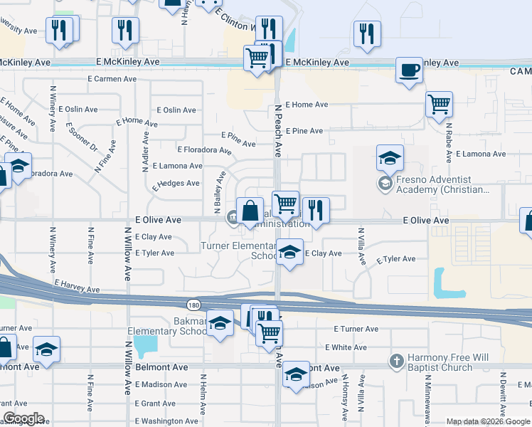 map of restaurants, bars, coffee shops, grocery stores, and more near in Fresno