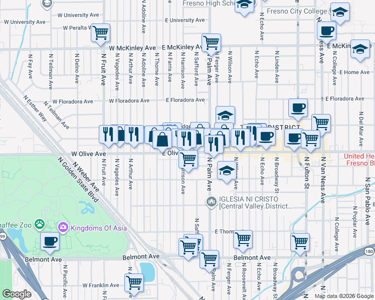 map of restaurants, bars, coffee shops, grocery stores, and more near 86 East Olive Avenue in Fresno