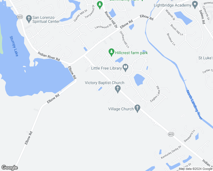 map of restaurants, bars, coffee shops, grocery stores, and more near 2409 Hillcrest Meadows Lane in Virginia Beach