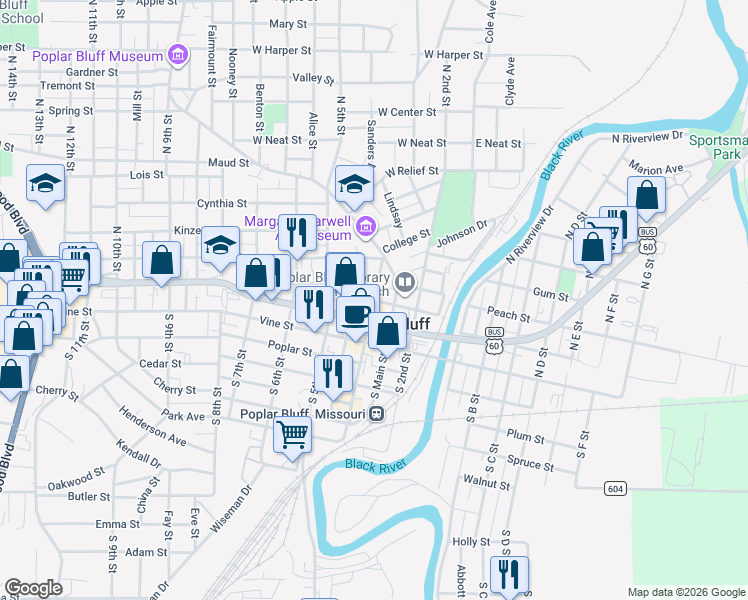map of restaurants, bars, coffee shops, grocery stores, and more near 399 Oak Street in Poplar Bluff