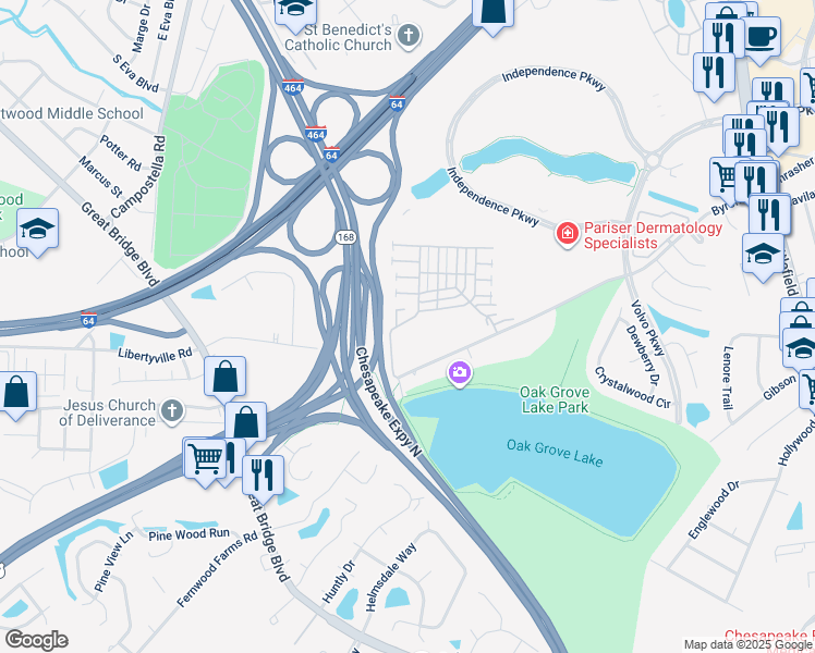 map of restaurants, bars, coffee shops, grocery stores, and more near 1213 Queens Gate in Chesapeake