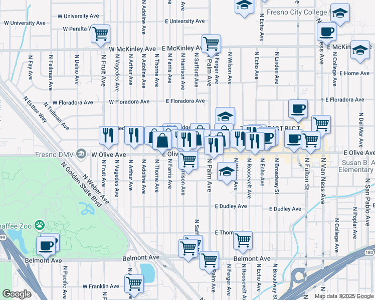 map of restaurants, bars, coffee shops, grocery stores, and more near 115 East Olive Avenue in Fresno