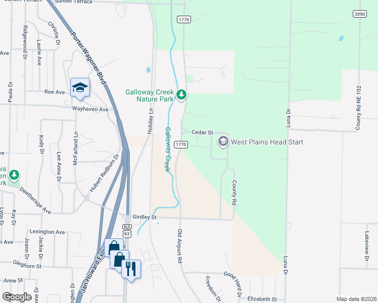 map of restaurants, bars, coffee shops, grocery stores, and more near 2082-2100 County Road 1770 in West Plains