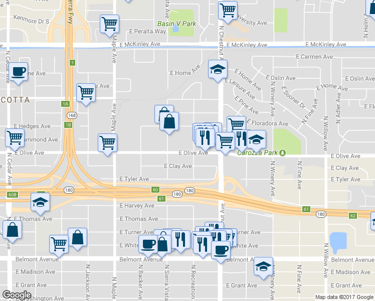 map of restaurants, bars, coffee shops, grocery stores, and more near 4743 East Olive Avenue in Fresno