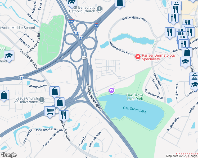 map of restaurants, bars, coffee shops, grocery stores, and more near 1213 Queens Gate in Chesapeake