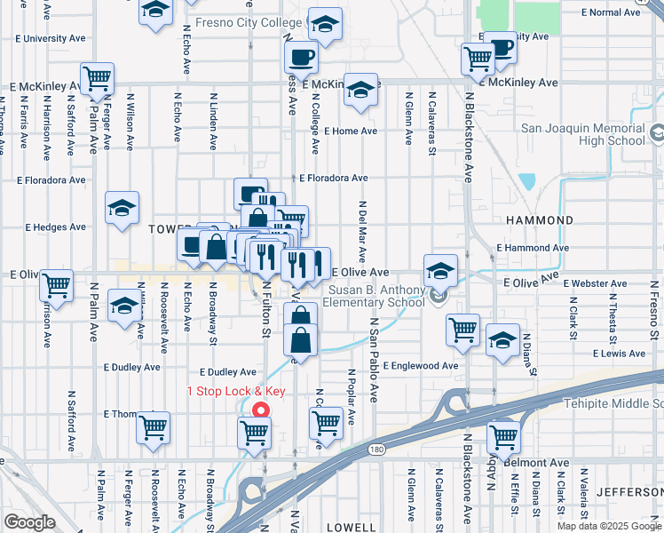 map of restaurants, bars, coffee shops, grocery stores, and more near 1110 East Olive Avenue in Fresno