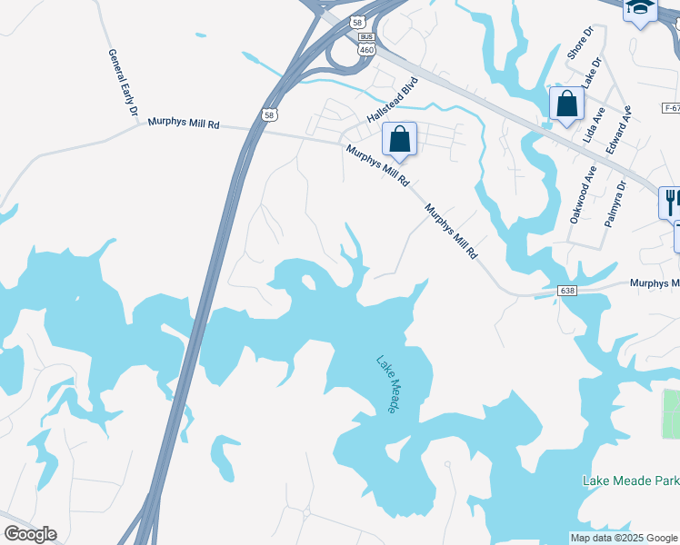 map of restaurants, bars, coffee shops, grocery stores, and more near 623 Murphys Mill Road in Suffolk