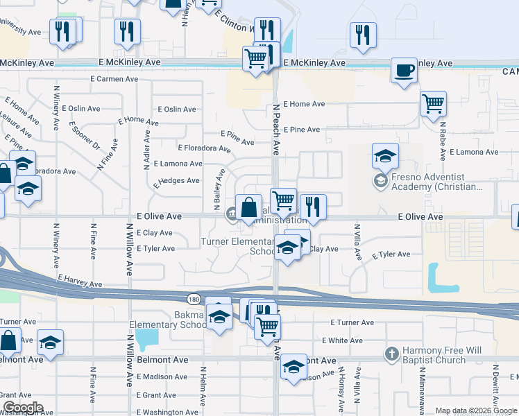map of restaurants, bars, coffee shops, grocery stores, and more near in Fresno