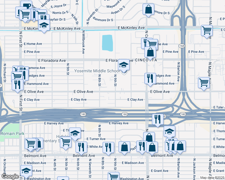 map of restaurants, bars, coffee shops, grocery stores, and more near 3852 East Olive Avenue in Fresno