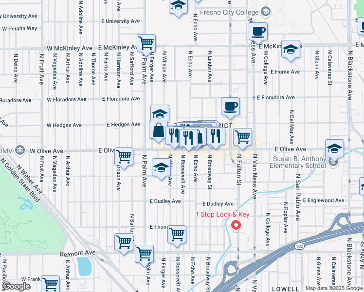 map of restaurants, bars, coffee shops, grocery stores, and more near 530 East Olive Avenue in Fresno