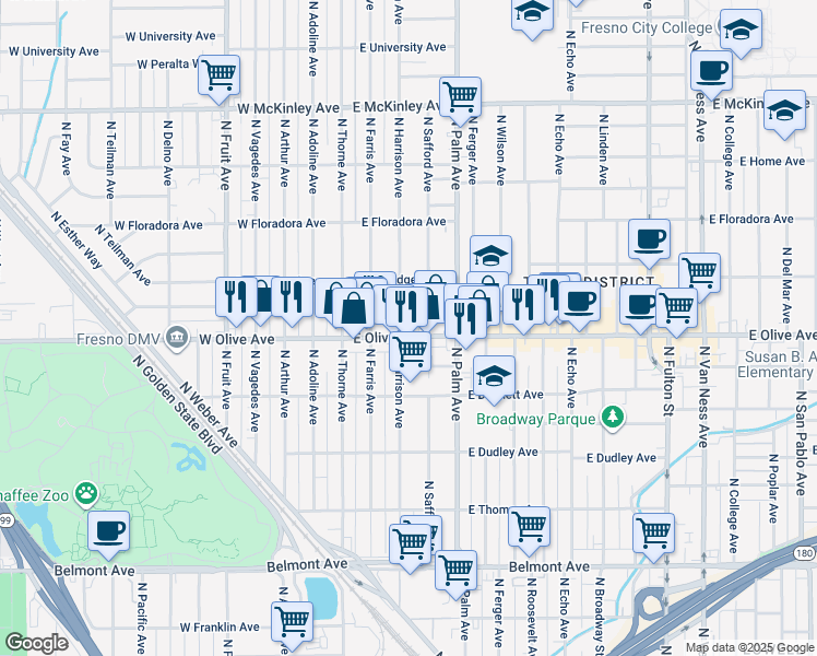 map of restaurants, bars, coffee shops, grocery stores, and more near 86 East Olive Avenue in Fresno