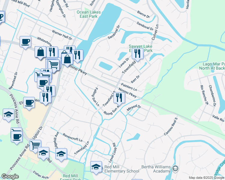 map of restaurants, bars, coffee shops, grocery stores, and more near 2401 Townfield Lane in Virginia Beach
