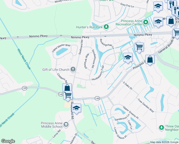 map of restaurants, bars, coffee shops, grocery stores, and more near 2408 Smokehouse Road in Virginia Beach