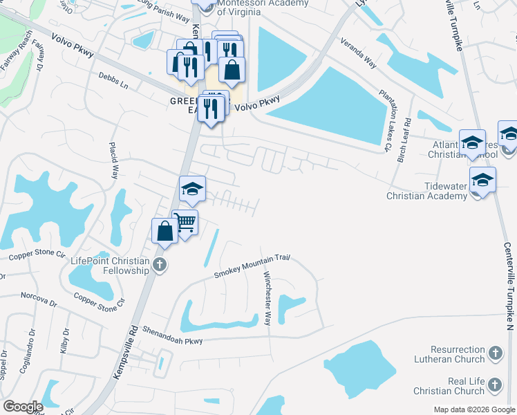 map of restaurants, bars, coffee shops, grocery stores, and more near 1209 Chandon Drive in Chesapeake