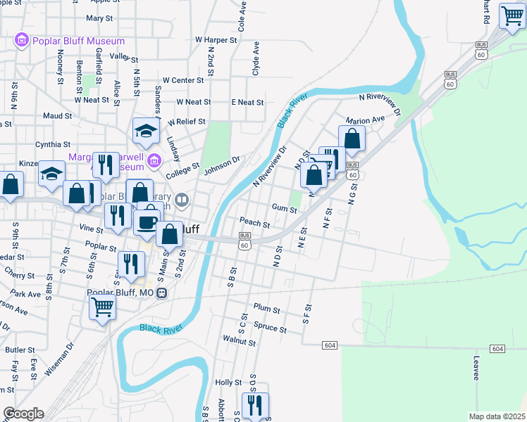 map of restaurants, bars, coffee shops, grocery stores, and more near 306 North C Street in Poplar Bluff