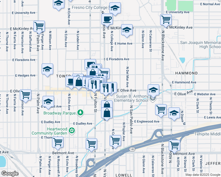 map of restaurants, bars, coffee shops, grocery stores, and more near 1035 East Olive Avenue in Fresno