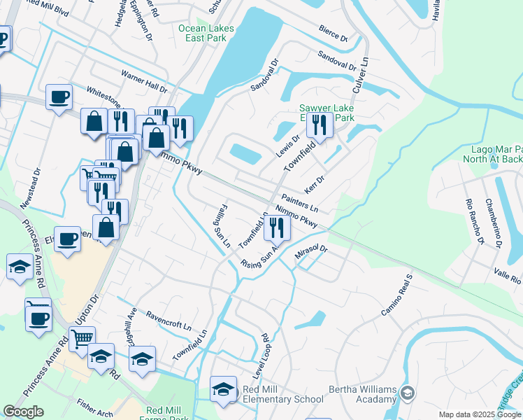 map of restaurants, bars, coffee shops, grocery stores, and more near 2401 Townfield Lane in Virginia Beach