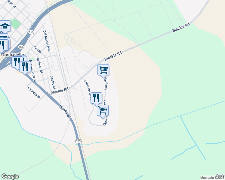 map of restaurants, bars, coffee shops, grocery stores, and more near 11420 Commercial Parkway in Castroville