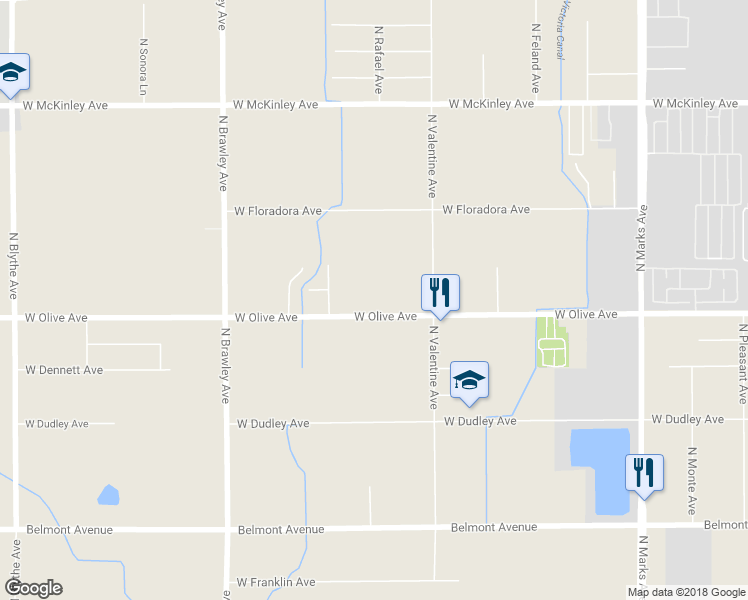 map of restaurants, bars, coffee shops, grocery stores, and more near 3514 West Olive Avenue in Fresno