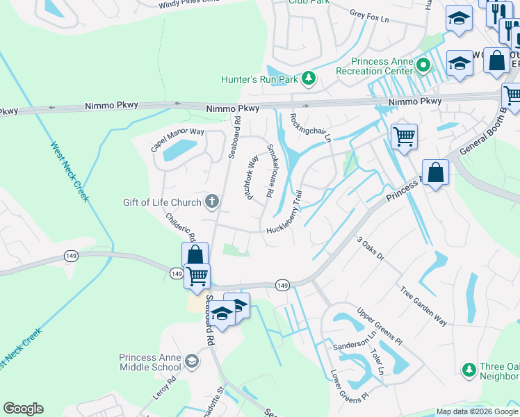 map of restaurants, bars, coffee shops, grocery stores, and more near 2408 Smokehouse Road in Virginia Beach