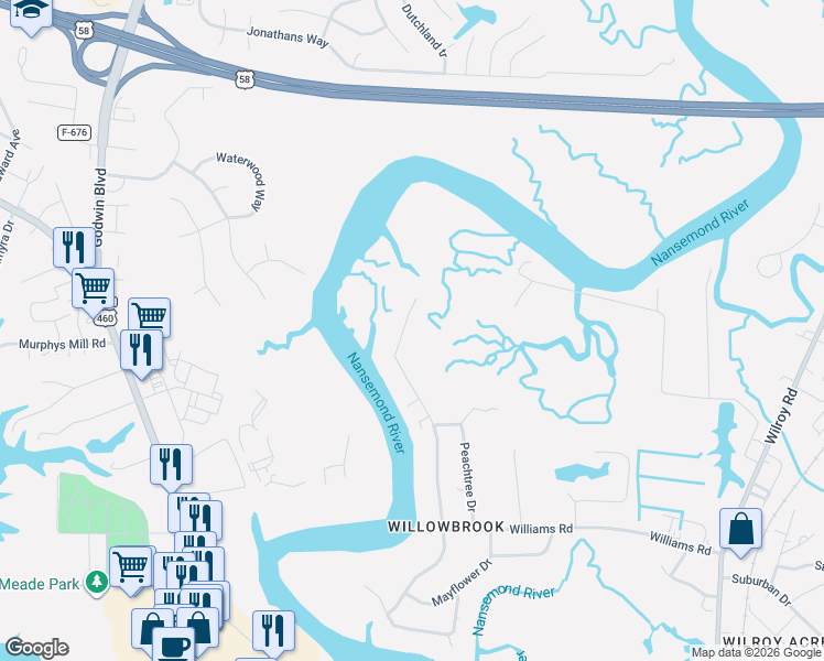 map of restaurants, bars, coffee shops, grocery stores, and more near 1336 River Road in Suffolk