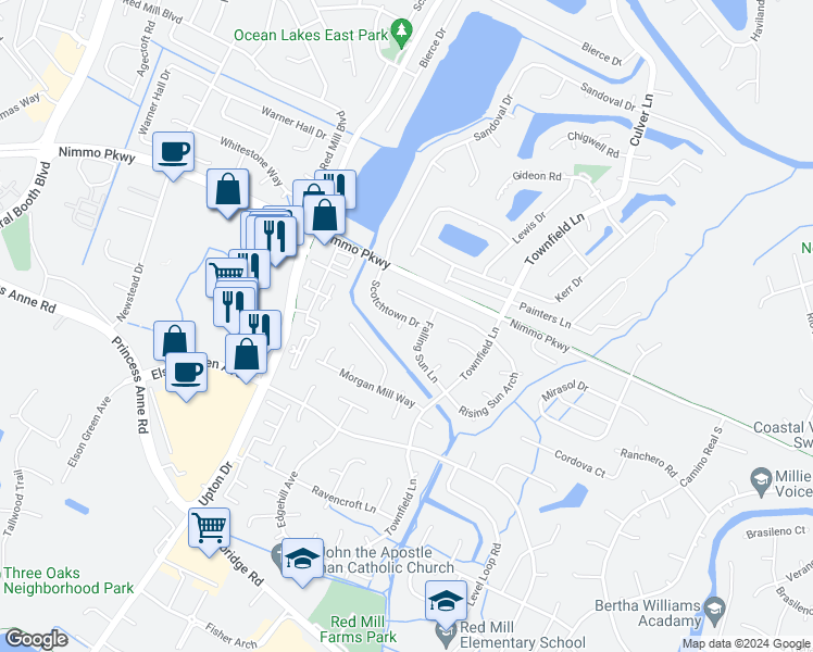 map of restaurants, bars, coffee shops, grocery stores, and more near 2389 Scotchtown Drive in Virginia Beach