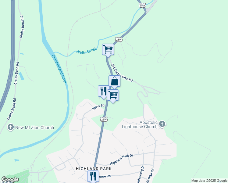 map of restaurants, bars, coffee shops, grocery stores, and more near 1096 U.S. 25W in Williamsburg