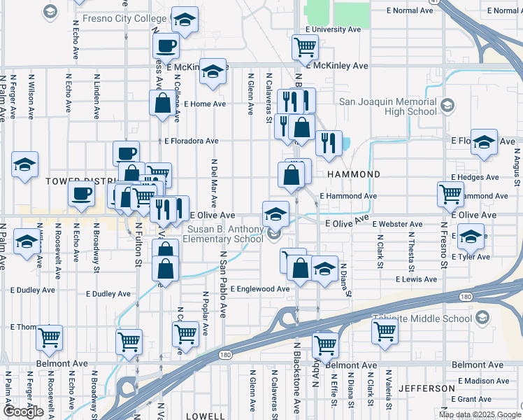 map of restaurants, bars, coffee shops, grocery stores, and more near 1456 East Olive Avenue in Fresno