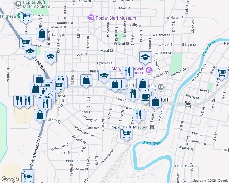 map of restaurants, bars, coffee shops, grocery stores, and more near West Pine Street in Poplar Bluff